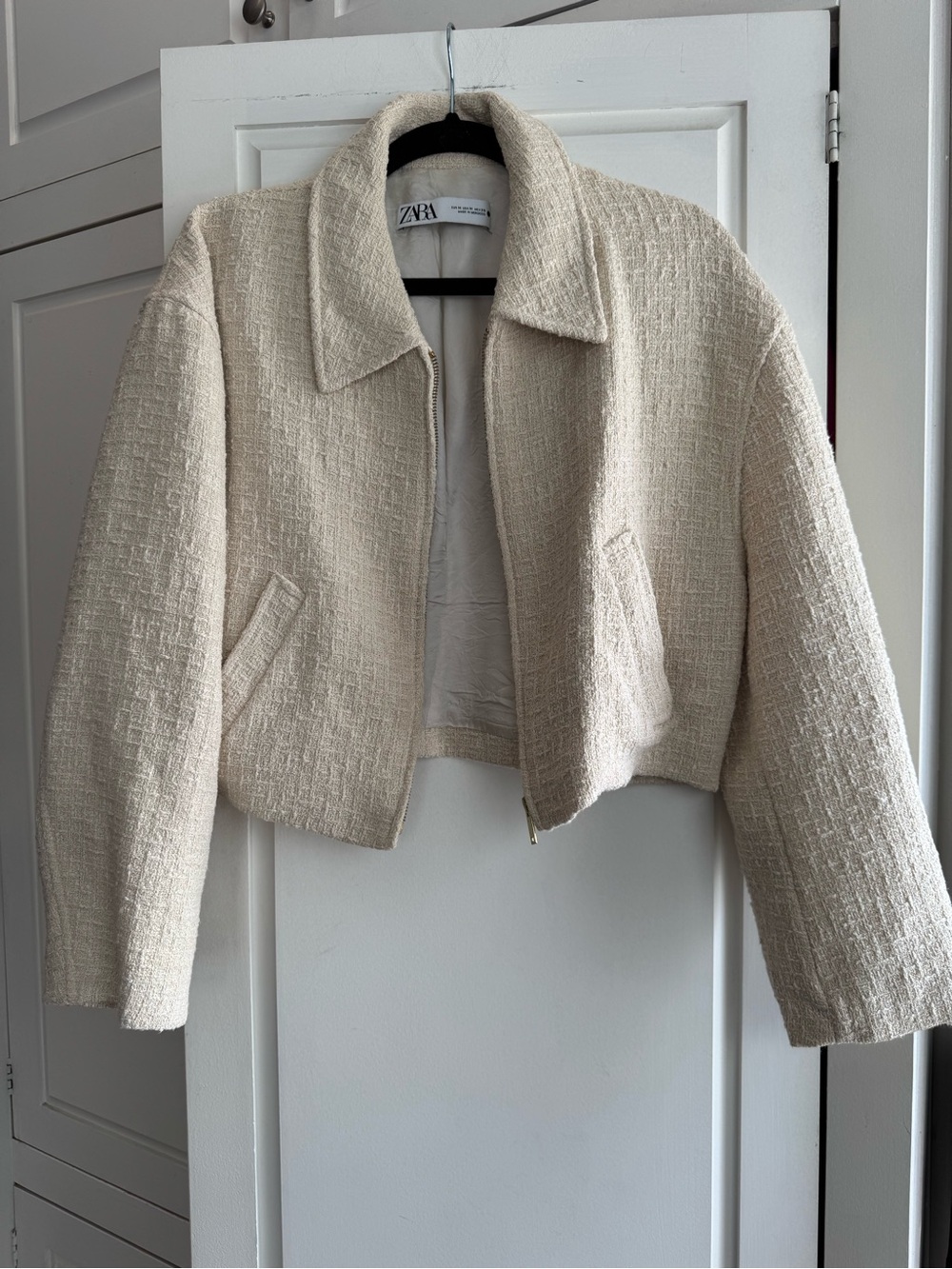 Zara Cream Textured Cropped Blazer Jacket